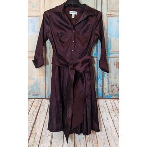 Emma Street Womens Size 14 Wine Purple Collared Tie Front Tafetta Dress 1123210